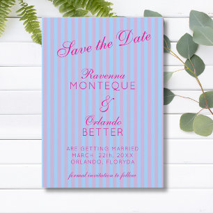 Bright Pink Retro Blue Pink Stripe Wedding Save The Date