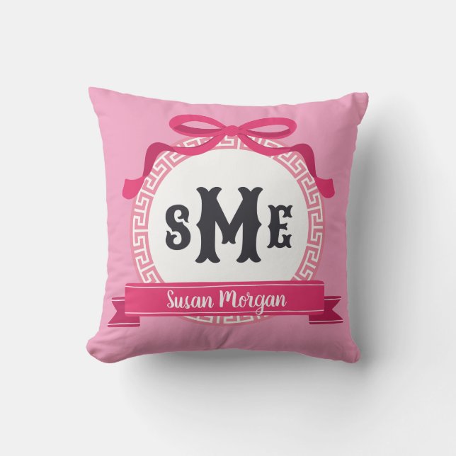 Bright Pink Reverse Greek Key Bow Monogram Cushion (Front)