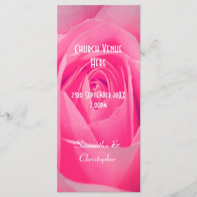 Bright pink rose floral church wedding program (Front)