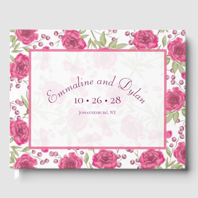 Bright Pink Rose Wedding Guest Book (Front)