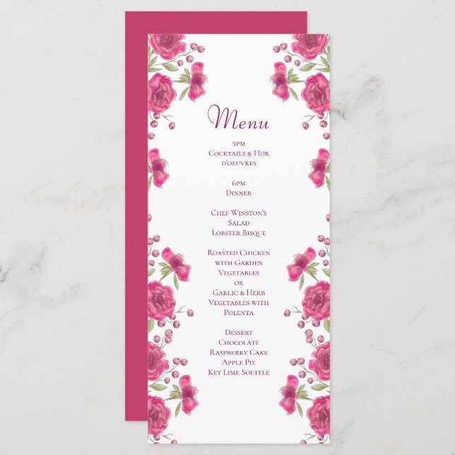 Bright Pink Rose Wedding Menus (Front/Back)