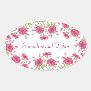 Bright Pink Rose Wedding Oval Sticker