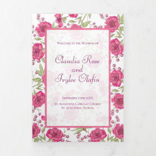 Bright Pink Rose Wedding Programs Tri-Fold Programme