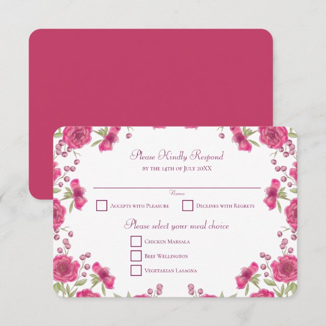 Bright Pink Rose Wedding RSVP Reply Invitation (Front/Back)