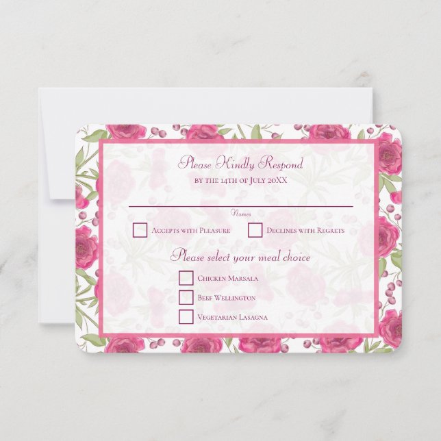 Bright Pink Rose Wedding RSVP Reply Invitation (Front)