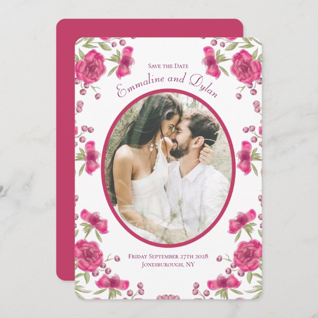 Bright Pink Rose Wedding Save the Date Invitation (Front/Back)