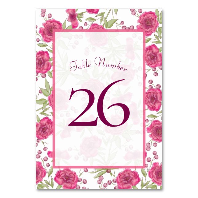 Bright Pink Rose Wedding Table Number (Back)