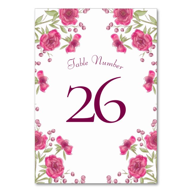 Bright Pink Rose Wedding Table Number (Back)