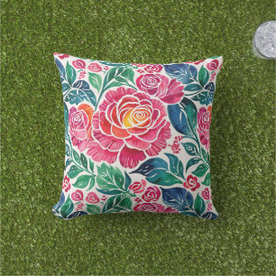 Bright Pink Roses and Teal Floral Cushion