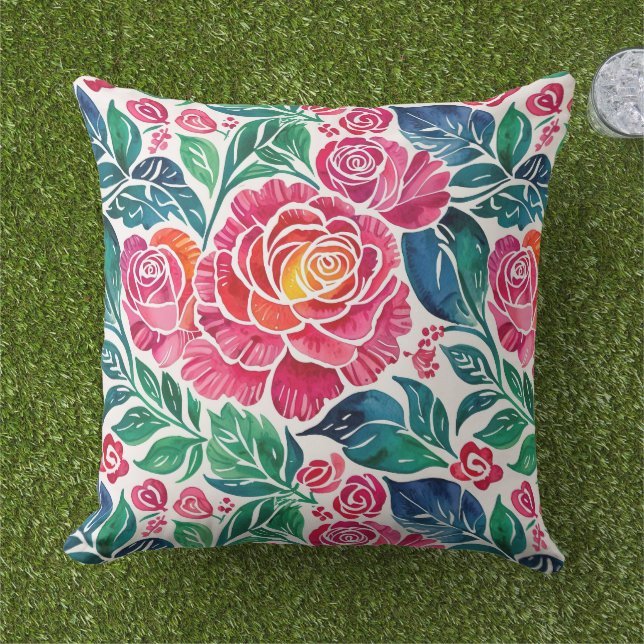 Bright Pink Roses and Teal Floral Cushion (Grass)