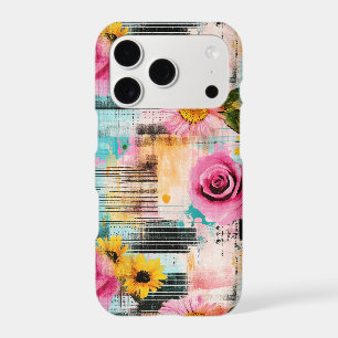 Bright Pink Roses & Sunflowers on Abstract