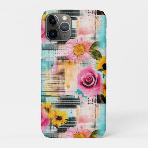 Bright Pink Roses & Sunflowers on Abstract iPhone 11 Pro Case