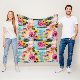 Bright Pink Roses & Sunflowers on Abstract Fleece Blanket