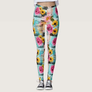 Bright Pink Roses & Sunflowers on Abstract Leggings