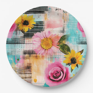 Bright Pink Roses & Sunflowers on Abstract Paper Plate