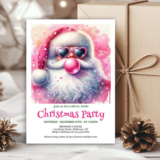 Bright pink santa chewing gum watercolor invite  (Bright pink santa chewing gum watercolor invite card)