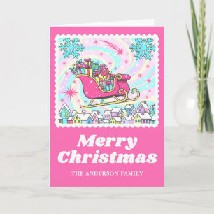 Bright Pink Sleigh Christmas Postage Stamp Holiday Card