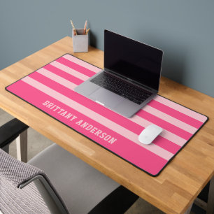 Bright Pink & Soft Blush Pink Stripes Pattern Name Desk Mat