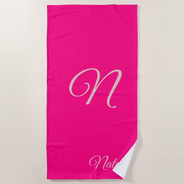 Bright pink solid colour monogrammed beach towel (Front)
