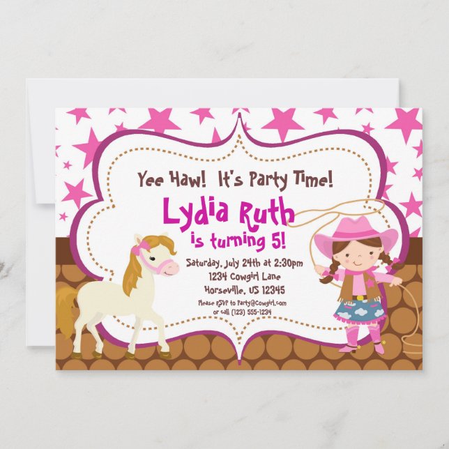 Bright Pink Star Cowgirl and Horse Birthday Party Invitation (Front)