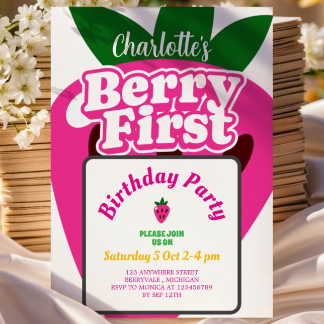 Bright Pink Strawberry Berry First Birthday Invitation (Creator Uploaded)