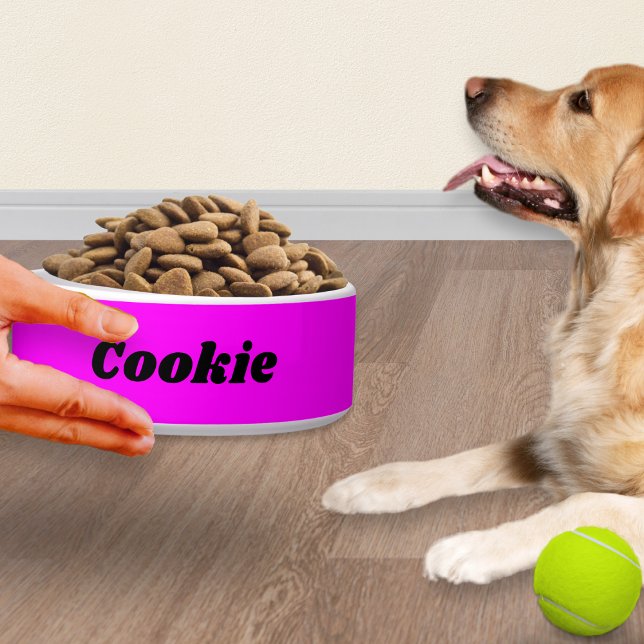 Bright Pink Stylish Modern Personalised Pet Dog Bowl (A bright pink dog bowl, personalized with the pet's name in modern black typography)