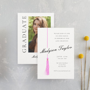 Bright Pink Tassel   Modern Photo Graduation Invitation