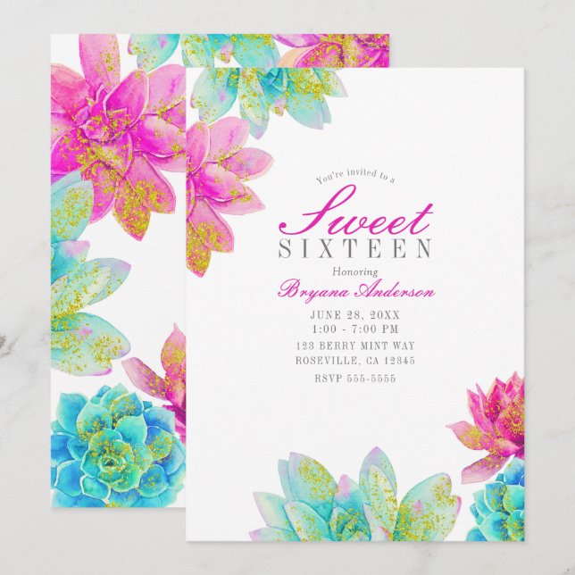 Bright Pink Teal Garden Succulents Sweet 16 Party Invitation (Front/Back)