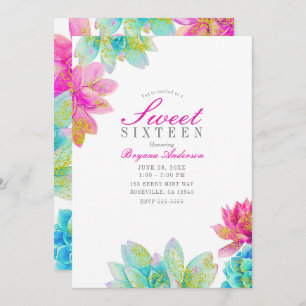 Bright Pink Teal Garden Succulents Sweet 16 Party Invitation
