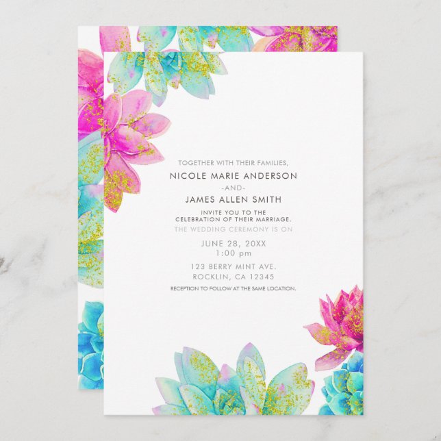 Bright Pink Teal Summer Garden Succulents Wedding  Invitation (Front/Back)