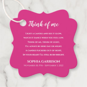 Bright Pink Think Of Me Celebration of Life Candle Favour Tags