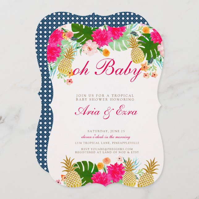 Bright Pink Tropical Pineapple Baby Shower Invite (Front/Back)