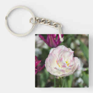Bright pink tulips on a sunny day key ring