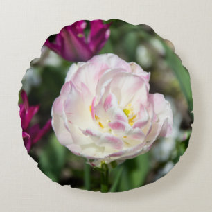 Bright pink tulips on a sunny day round cushion
