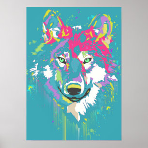 Bright pink turquoise modern artistic bold wolf poster