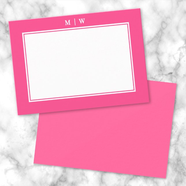 Bright Pink Two Border Minimalist Monogram Card (Bright Pink Two Border Minimalist Monogram Note Card)