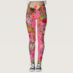Bright Pink Vintage Rose Garden Leggings