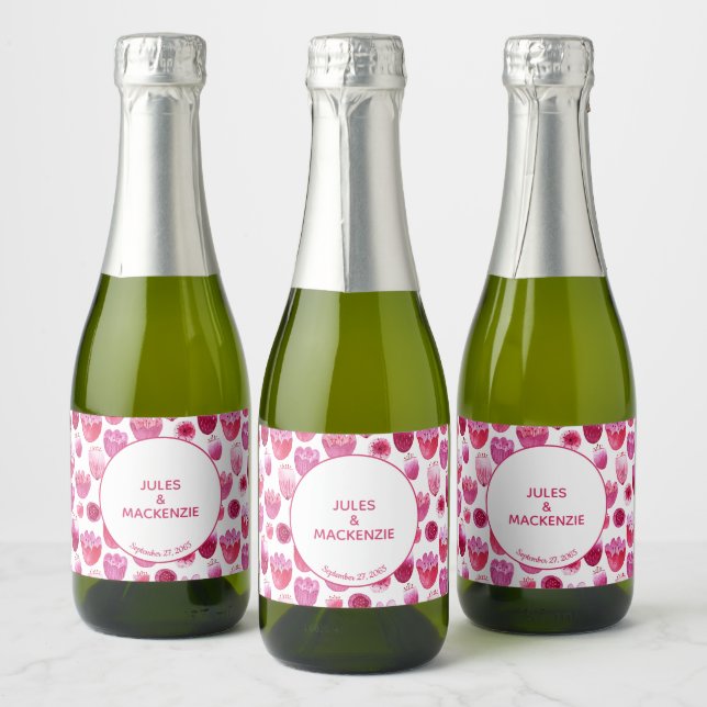 Bright Pink Watercolor Blossom Wedding Sparkling Wine Label (Bottles)