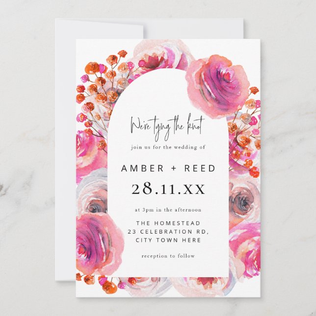 Bright Pink Watercolor Floral Arch Wedding Invitation (Front)