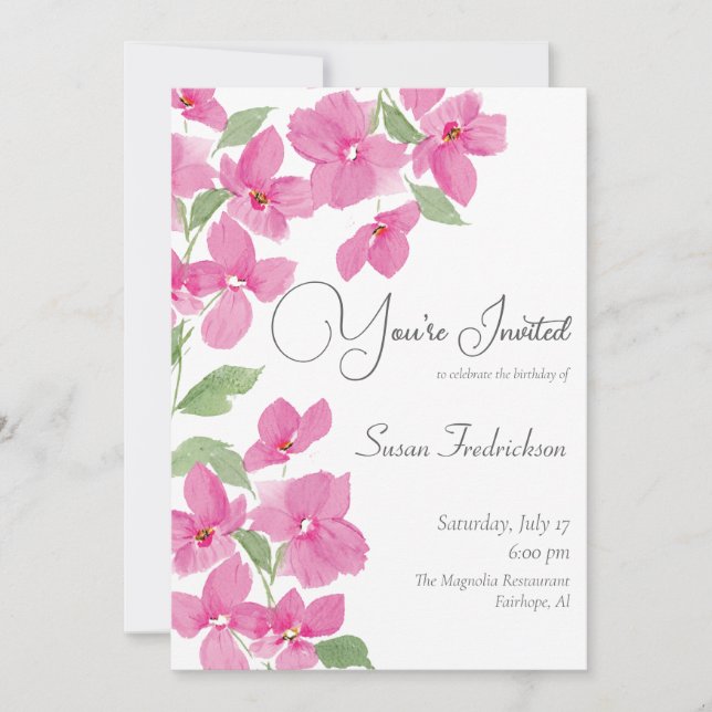 Bright Pink Watercolor Floral Invitation (Front)