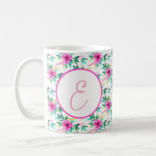 Bright pink watercolor floral pattern monogram coffee mug