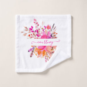 Bright pink watercolor floral personalised   bath towel set