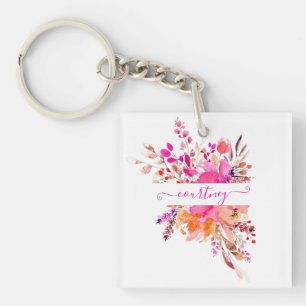 Bright pink watercolor floral personalised key ring