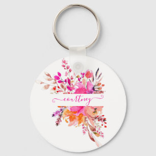 Bright pink watercolor floral personalised key ring