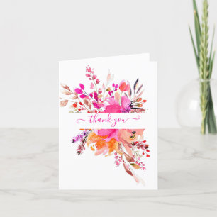 Bright pink watercolor floral personalised   thank you card