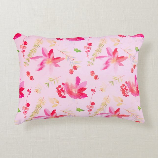 Bright Pink Watercolor Flowers Decorative Cushion (Front)