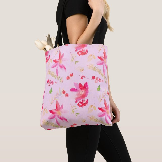 Bright Pink Watercolor Flowers Tote Bag (Close Up)