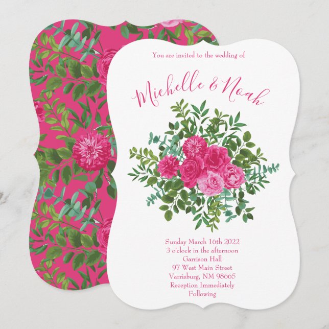 Bright Pink Wedding Roses Floral Modern Invitation (Front/Back)