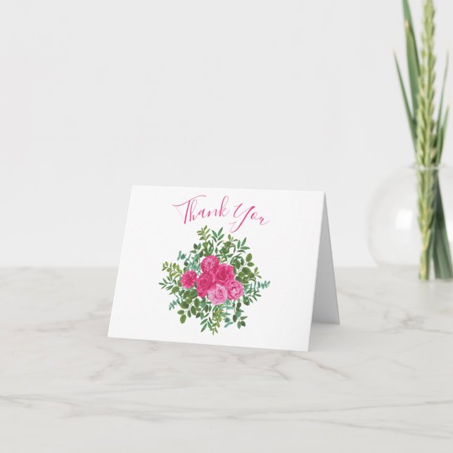 Bright Pink Wedding Roses Floral Modern Thank You Card (Front)