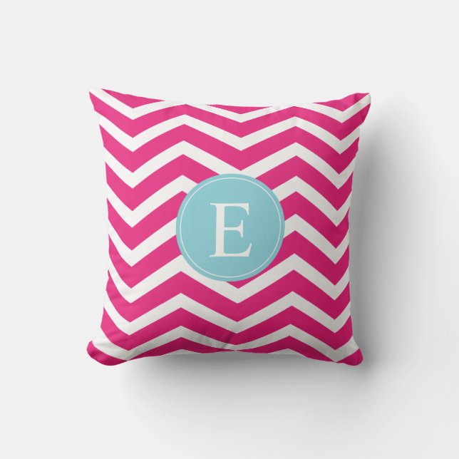 Bright Pink White Chevron Blue Monogram Cushion (Front)